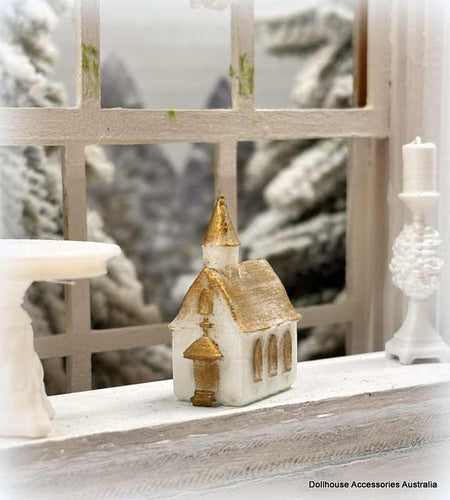 Dollhouse church ornament white gold Easter christmas