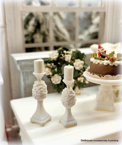 Dollhouse miniature white pinecone candleholders decor Christmas Hamptons