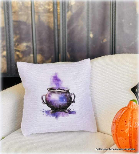 Dollhouse miniature Hallowee purple cauldron cushion witch house