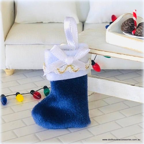 Plush Christmas Stocking - Blue with Bow - Miniature