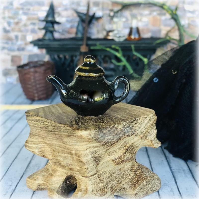 Dollhouse black glazed teapot apothecary witches cottage