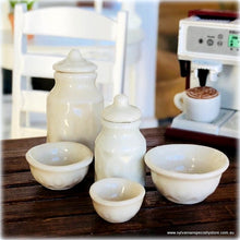 Dollhouse embossed farmhouse country kitchen canisters baking bowls
