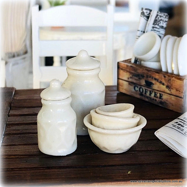 Dollhouse embossed farmhouse country kitchen canisters baking bowls