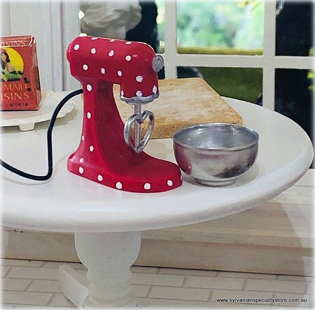 Dollhouse miniature cake mixer red and white spots