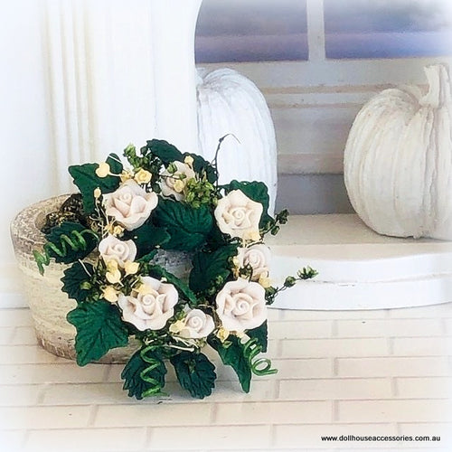 Dollhouse miniature white rose garland wreath decor