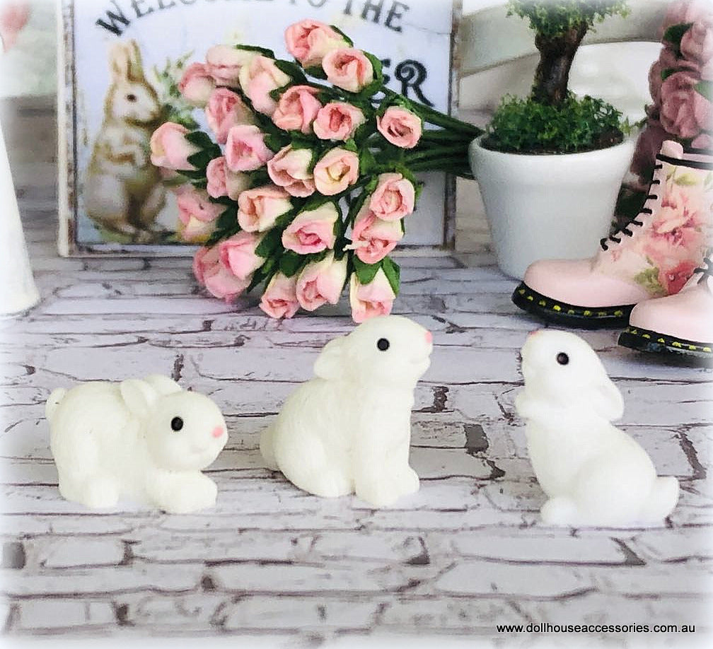 Dollhouse miniature white bunny rabbits ornaments