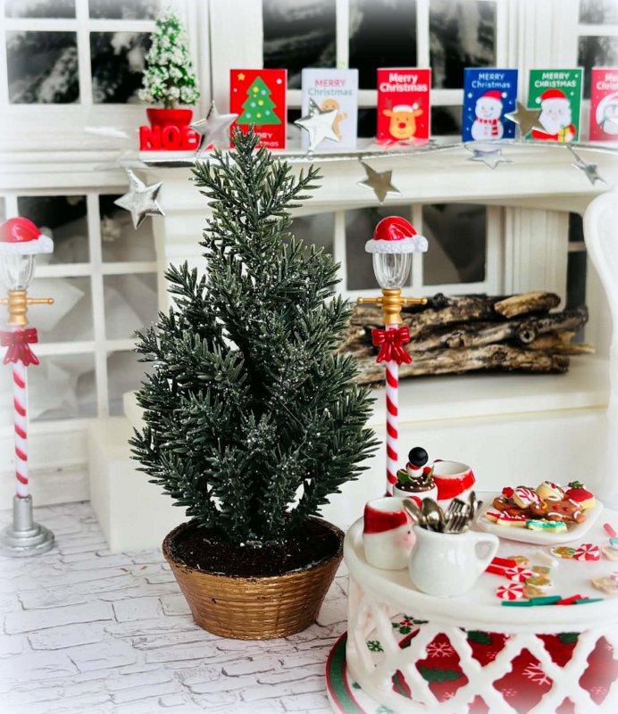Dollhouse Christmas Cedar Tree in Gold Wicker style pot
