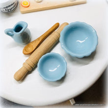 Dollhouse baking day blue ceramic bowl jug utensils