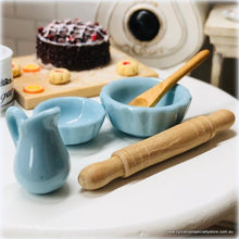Dollhouse baking day blue ceramic bowl jug utensils