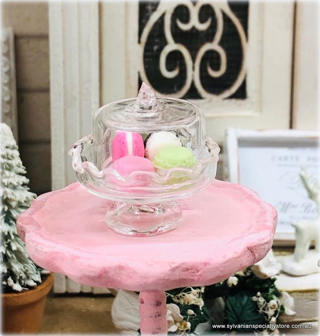 Dollhouse miniature glass cloche cake stand with macarons