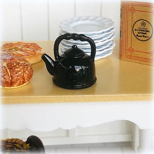 Dollhouse miniature black kettle tea pot