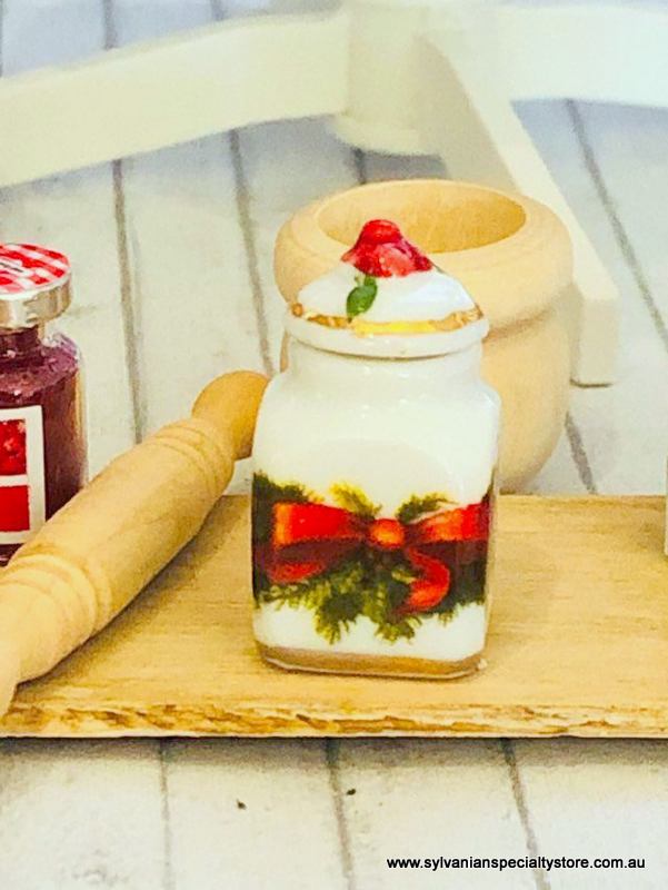 Doll house miniature porcelain  Christmas Jar red bow