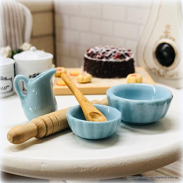 Dollhouse baking day blue ceramic bowl jug utensils