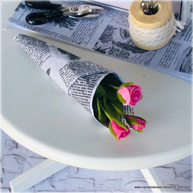 Dollhouse miniature pink bouquet roses florist wrapped in newspaper