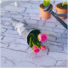 Dollhouse miniature pink bouquet roses florist wrapped in newspaper