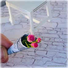 Dollhouse miniature pink bouquet roses florist wrapped in newspaper