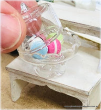 Dollhouse miniature glass cloche cake stand with macarons