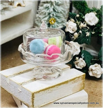 Dollhouse miniature glass cloche cake stand with macarons