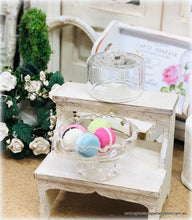 Dollhouse miniature glass cloche cake stand with macarons