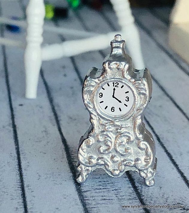 Dollhouse miniature silver coloured mantle clock