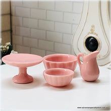 Dollhouse miniature pink cake plate high tea milk jug bowls
