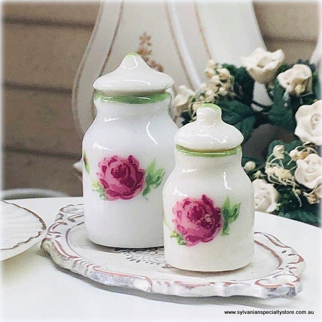 Dollhouse miniature ceramic canisters pink rose