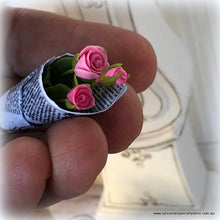 Dollhouse miniature pink bouquet roses florist wrapped in newspaper