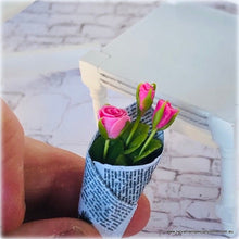 Dollhouse miniature pink bouquet roses florist wrapped in newspaper