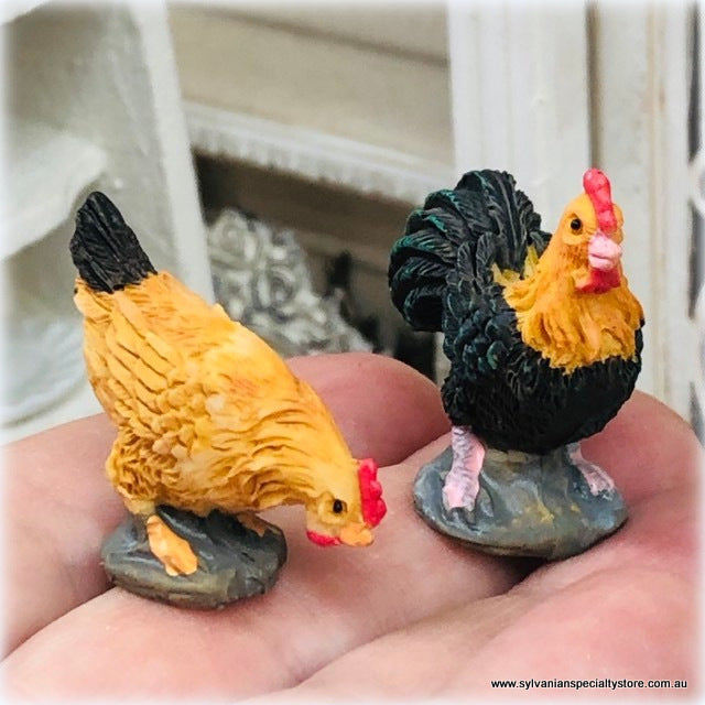 Dollhouse Rooster and Hen miniature figurines