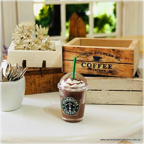 Dollhouse miniature iced coffee in takeaway cup