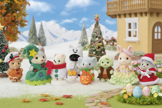 Sylvanian Families seasonal collection featuring Christmas, Halloween and Easter scenes