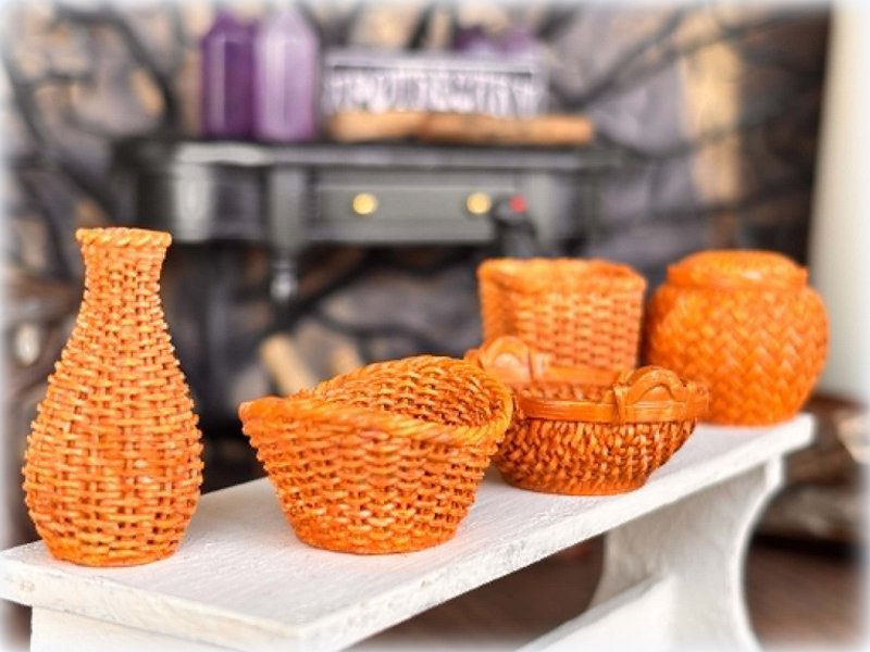 Resin Wicker Style Baskets - Set of 5 - Miniature