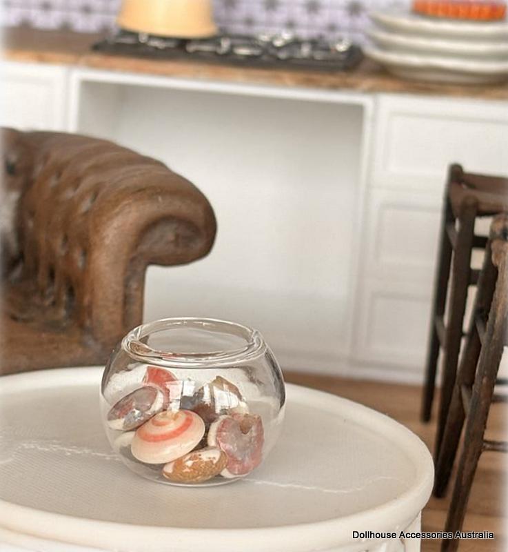 Glass Bowl -  With Pink and Grey Shells - Miniature