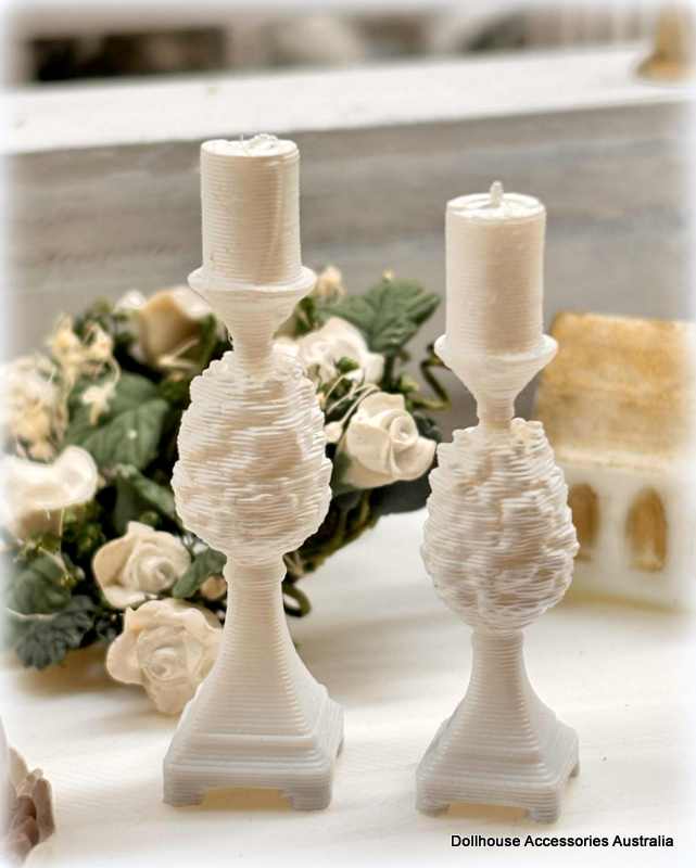Dollhouse miniature white pinecone candleholders decor Christmas Hamptons