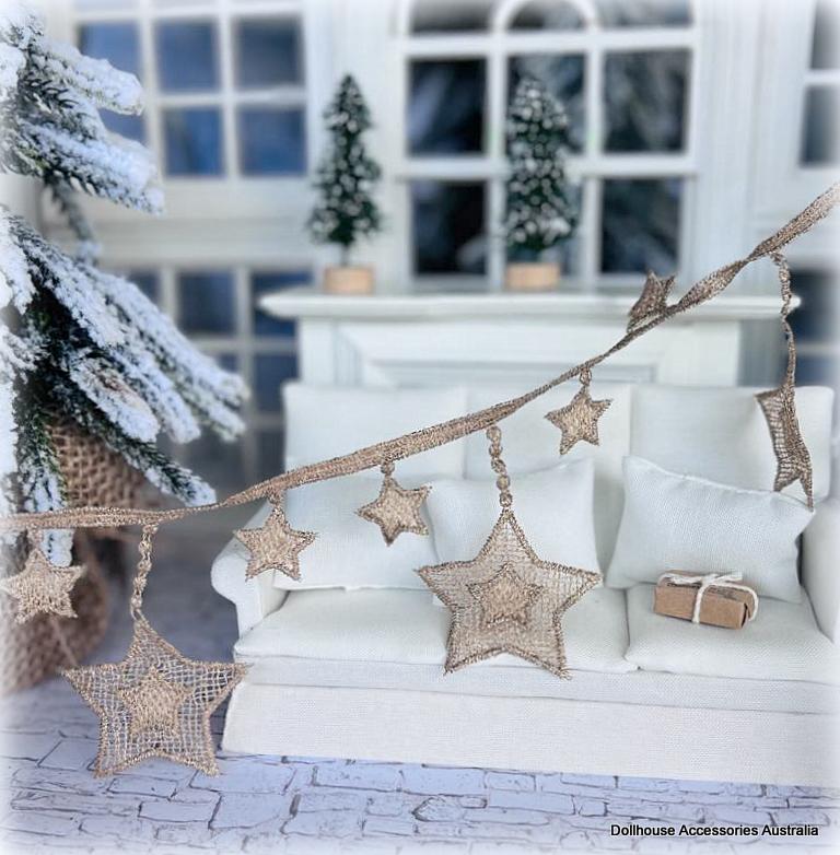 Dollhouse christmas decoration hessian gold star hanging bunting