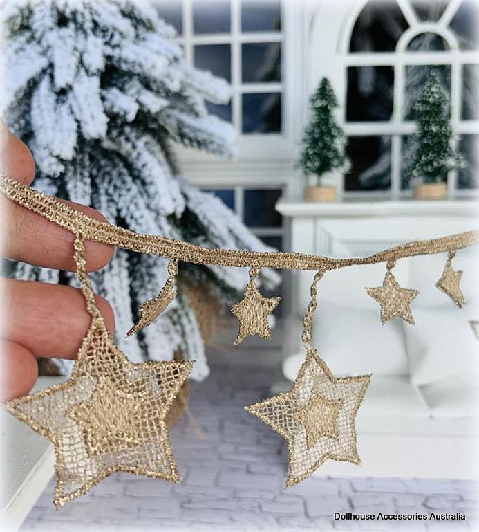 Dollhouse christmas decoration hessian gold star hanging bunting