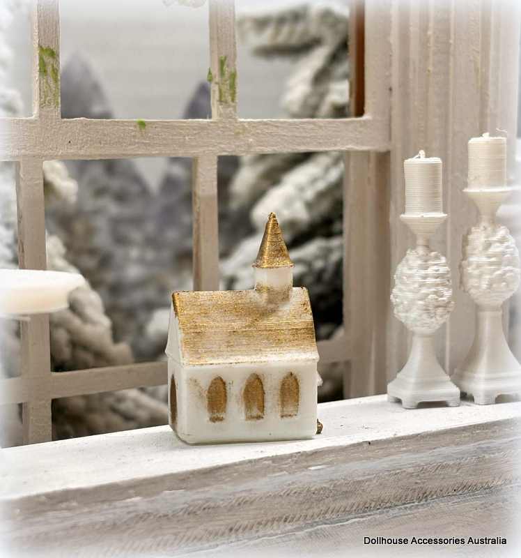 Dollhouse church ornament white gold Easter christmas
