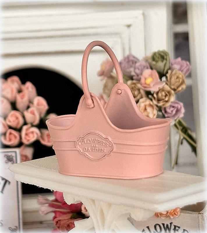 Dollhouse white metal embossed garden florist basket