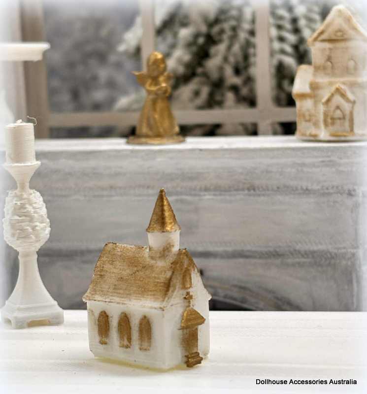 Dollhouse church ornament white gold Easter christmas
