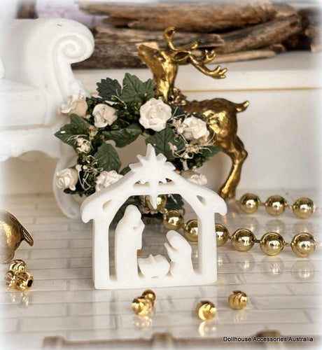 Dollhouse Christmas nativity manger white ornament