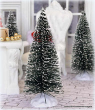 Dollhouse miniature Decorative Christmas trees with snow-like texture in a dollhouse setting.