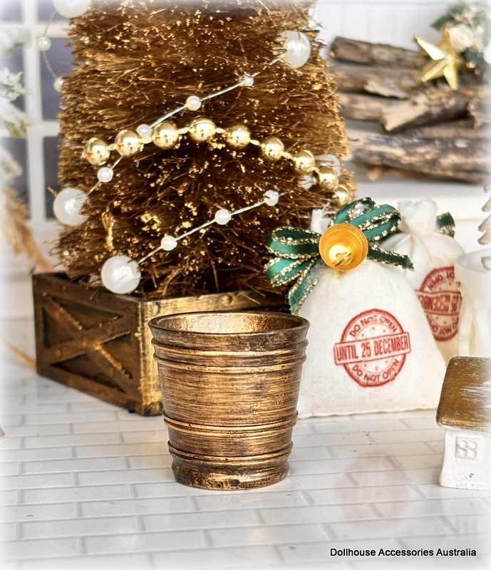 Dollhouse miniature gold planter pot Christmas