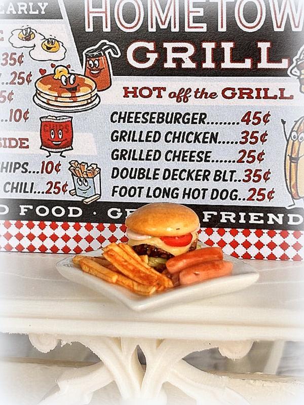 Dollhouse diner burger fries on plate grill
