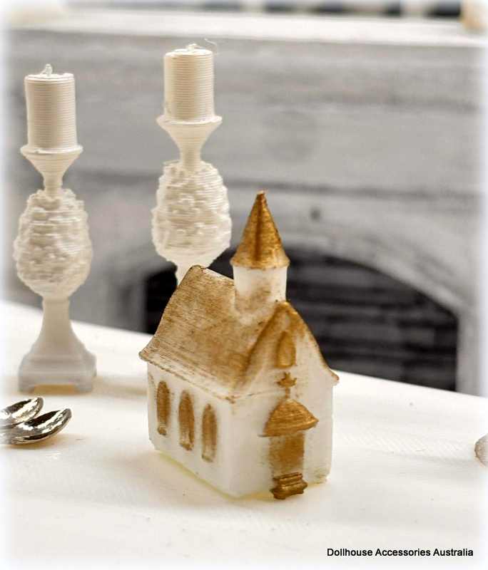 Dollhouse church ornament white gold Easter christmas