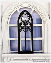 Dollhouse Decorative window with black gothic design in a white frame