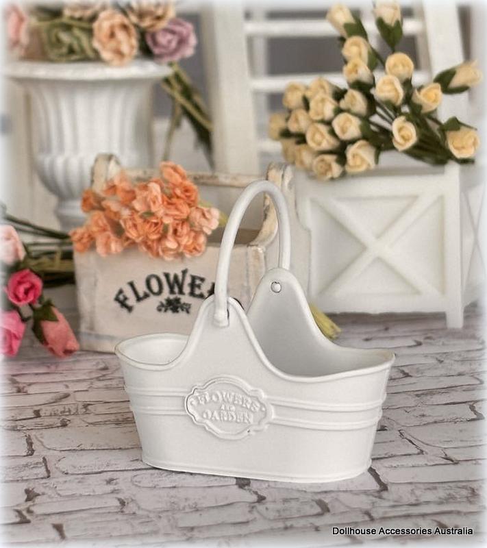 Dollhouse white metal embossed garden florist basket