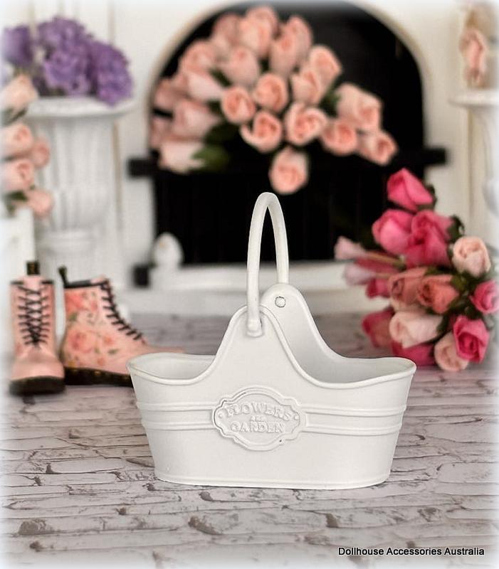 Dollhouse white metal embossed garden florist basket