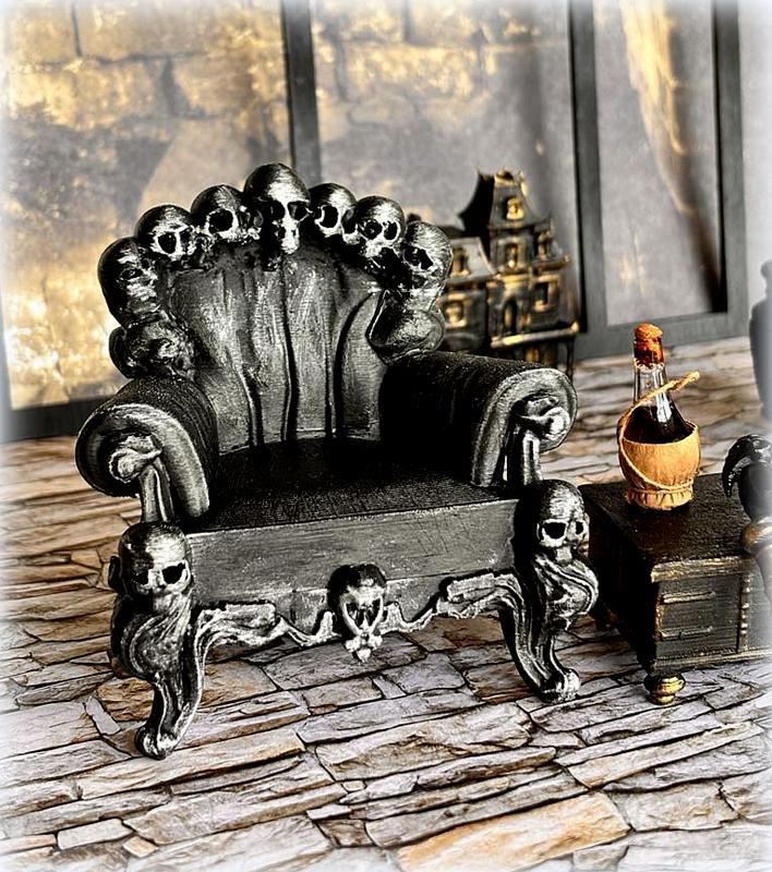 Dollhouse miniature skull throne gothic furniture armchair Haunted Halloween