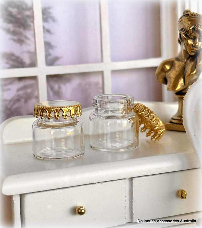 Dollhouse miniature glass storage jars with decorative lids