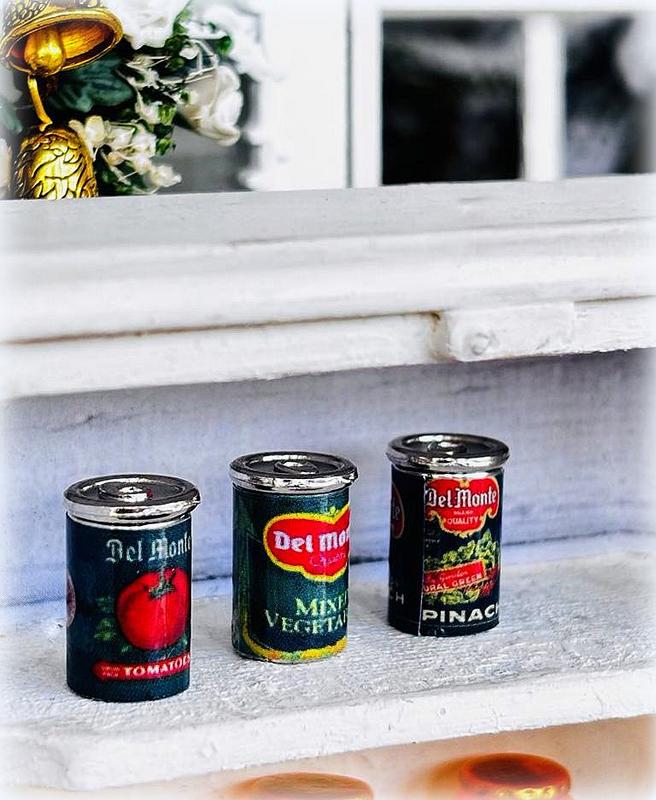Dollhouse cans of vegetables